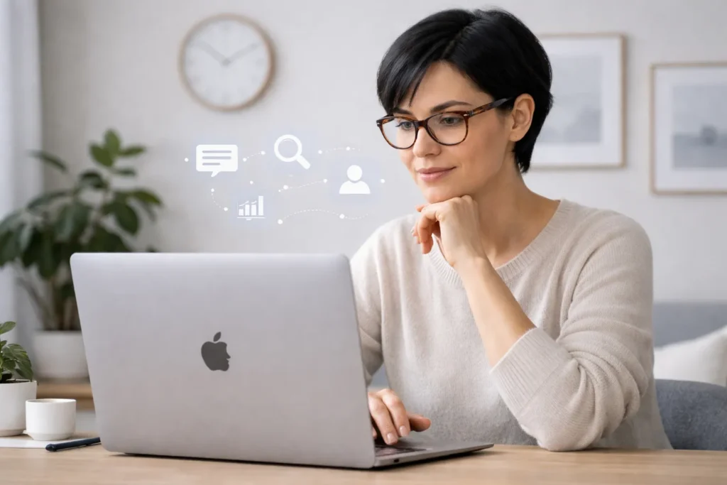 Mulher usando laptop em ambiente organizado, refletindo como confiar na IA para apoiar decisões importantes.