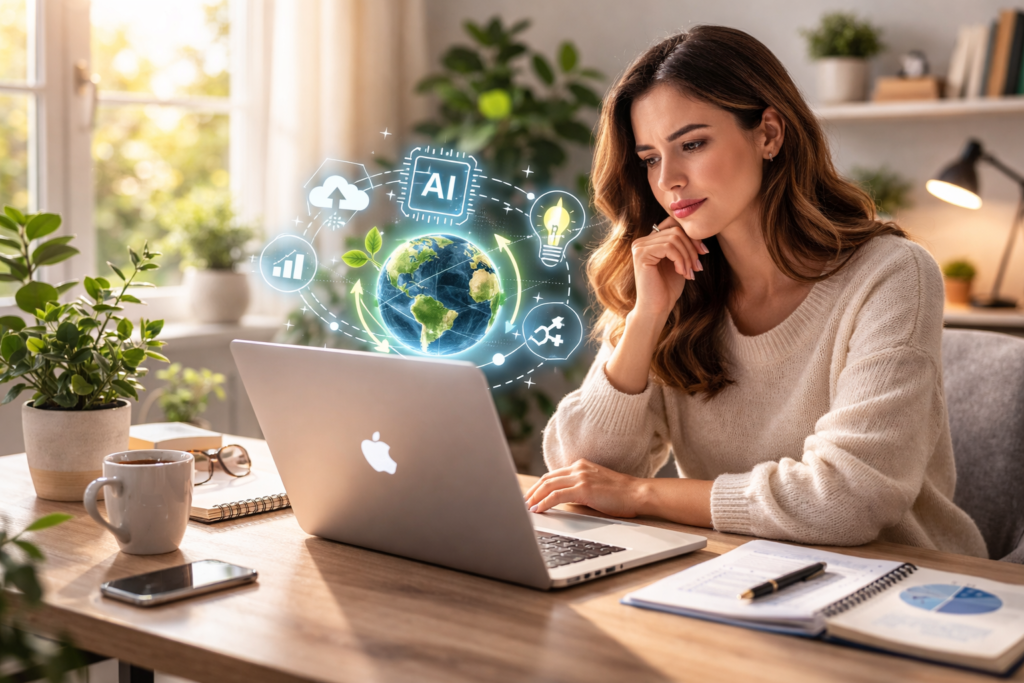 Custo Energético da IA mostrando mulher trabalhando em notebook Apple, com ícones de IA e planeta, refletindo impacto ambiental do uso diário.