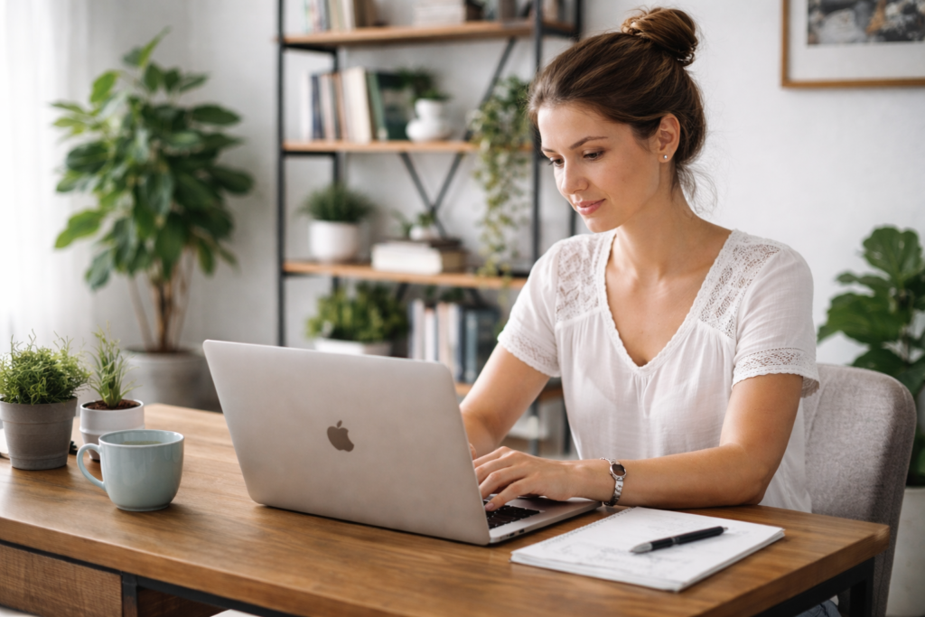 De onde vêm os dados da IA em contexto prático, mulher trabalhando no laptop em ambiente organizado e focado