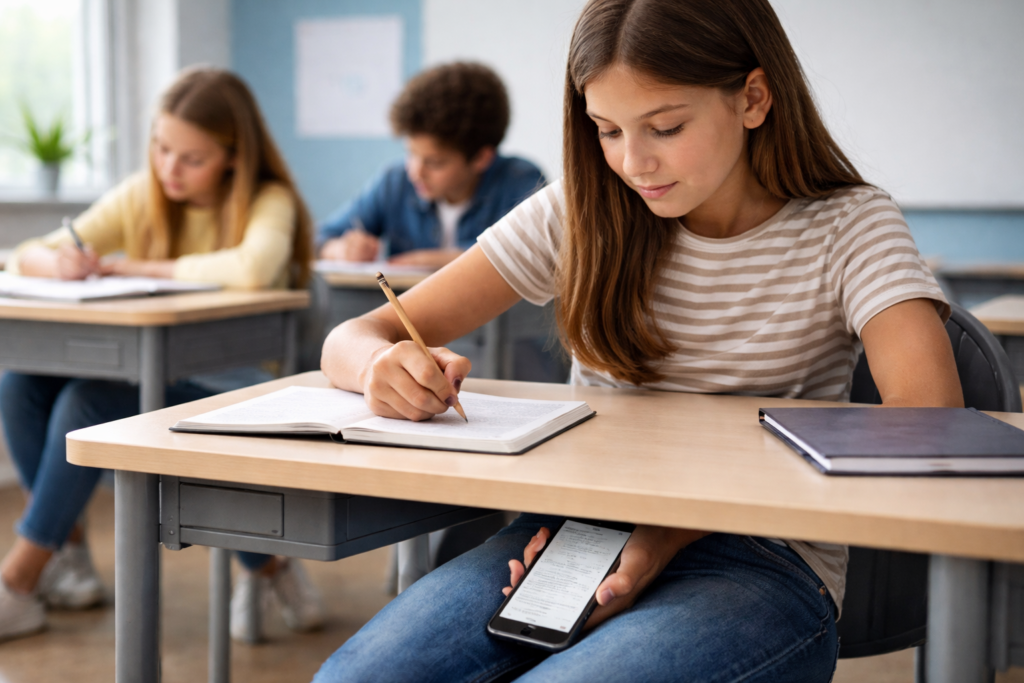 É ético usar ChatGPT na escola? aluna consulta celular escondido sob a carteira durante atividade em sala de aula