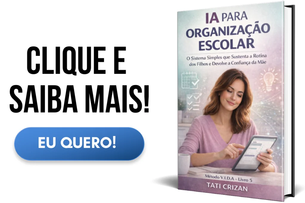 Capa 3D do eBook IA para Organização Escolar, com foco em um sistema simples para mães sobrecarregadas sustentarem a rotina escolar dos filhos