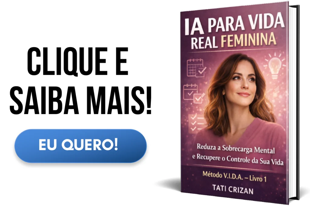Capa 3D do ebook IA para vida real feminina, com foco em recuperar o controle da vida e reduzir a sobrecarga mental.