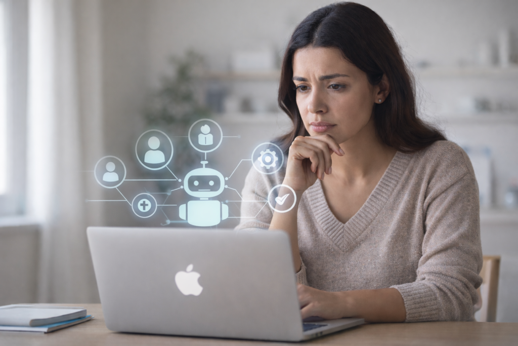 IA vai tirar empregos? Mulher trabalhando no laptop analisa interface de inteligência artificial em casa enquanto reflete sobre impacto da tecnologia no trabalho.