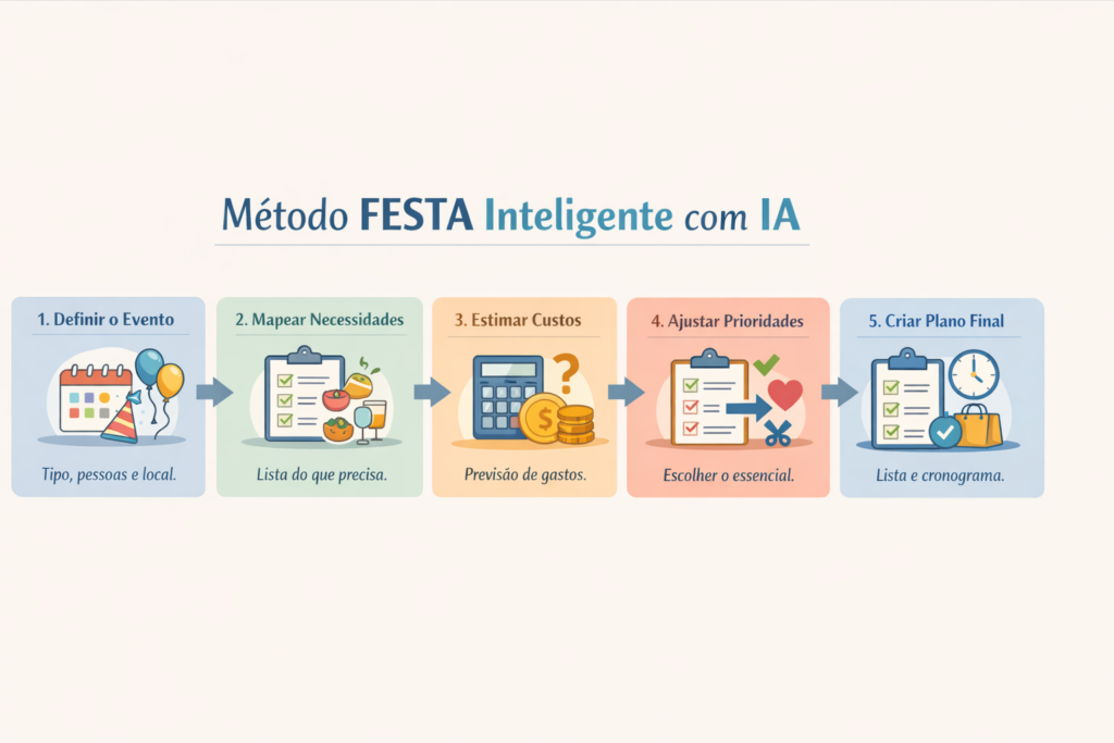 Infográfico do Método FESTA Inteligente com IA mostrando 5 etapas para planejar eventos e festas sem perder o controle do orçamento.