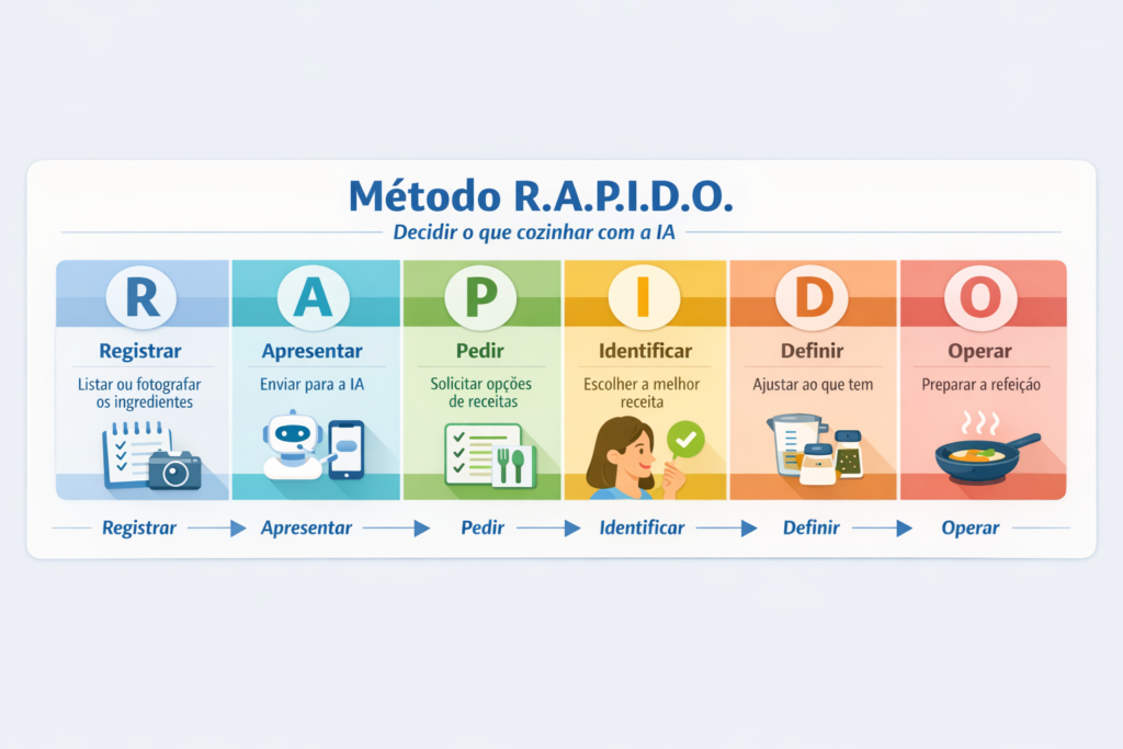 Método R.A.P.I.D.O. para criar receitas com IA mostrando as seis etapas de registrar ingredientes até preparar a refeição.
