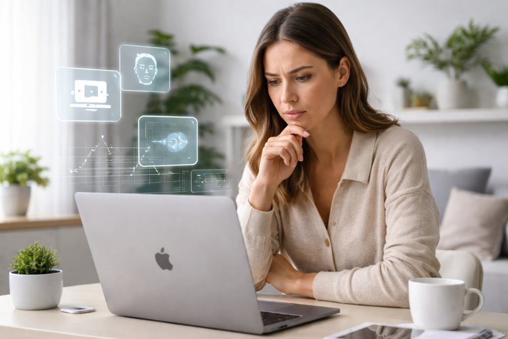 O que são deepfakes: mulher analisa conteúdo no notebook com expressão de dúvida em home office com interface de IA sutil