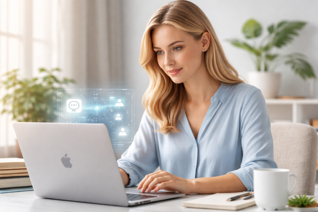 Quem responde quando a IA erra: mulher trabalhando no MacBook em casa enquanto analisa interface de inteligência artificial na tela