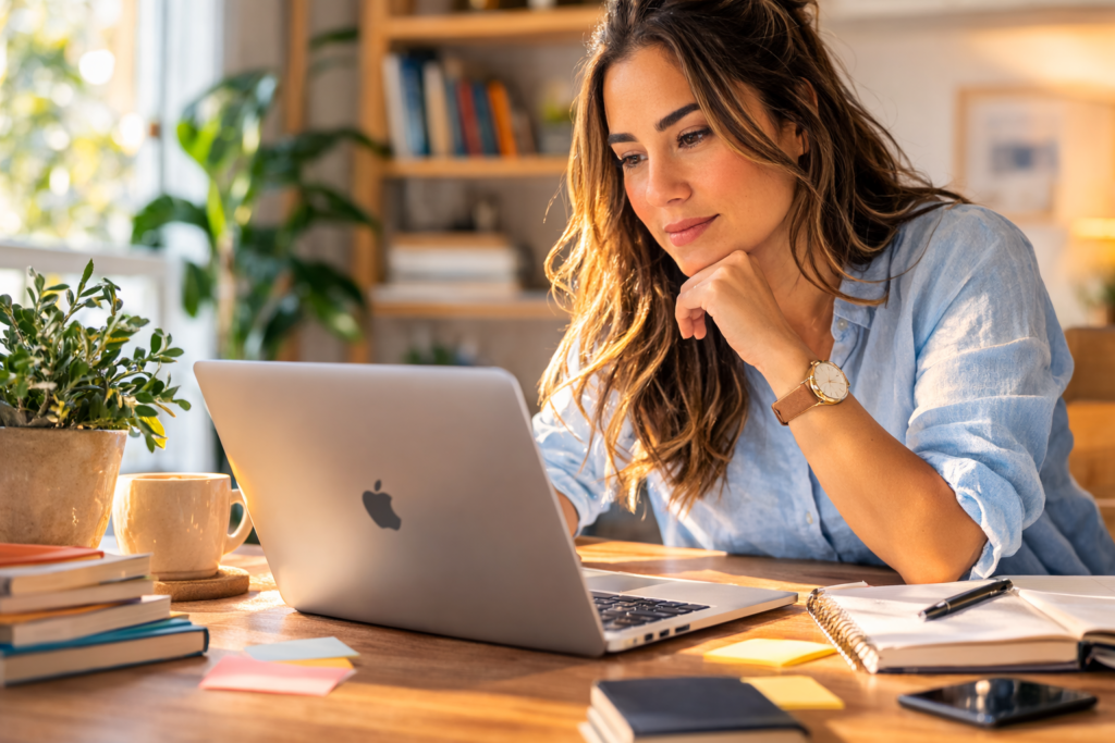 Reflexões éticas na inteligência artificial: mulher analisa notebook em home office enquanto avalia uso responsável de IA no trabalho.