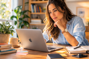 Reflexões éticas na inteligência artificial: mulher analisa notebook em home office enquanto avalia uso responsável de IA no trabalho.