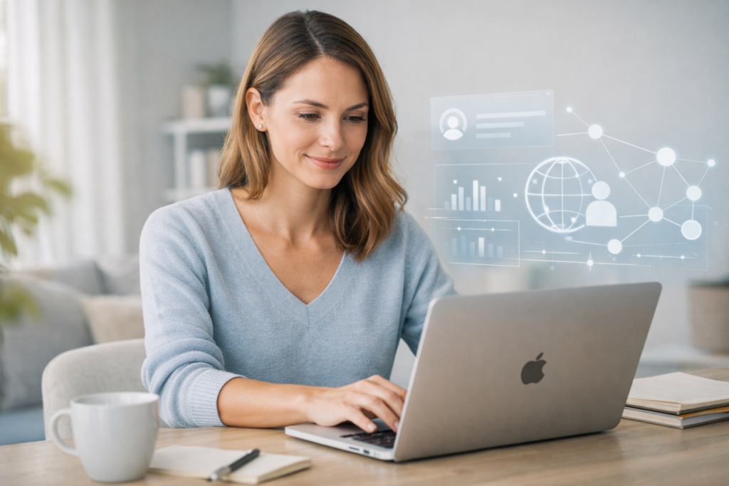 Mulher trabalhando em notebook em casa, interface de IA sutil visível, ilustrando regras internacionais de IA para decisões seguras.