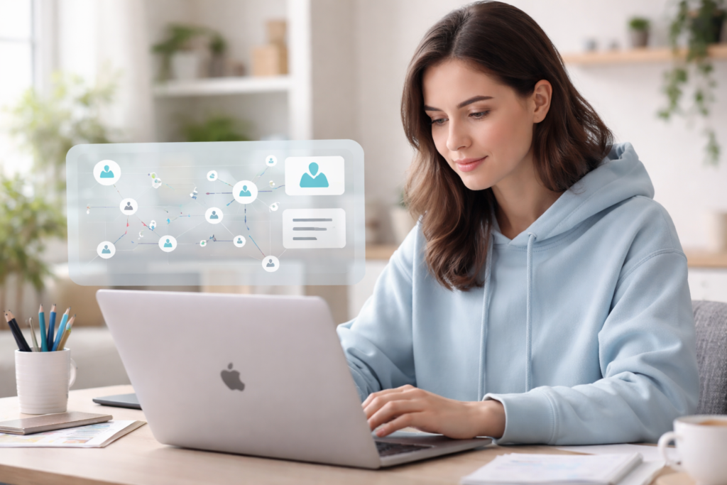 Pesquisa sobre rotuladores de dados de IA em prática, mulher usando notebook com interface de IA em casa, ilustrando treinamento de modelos