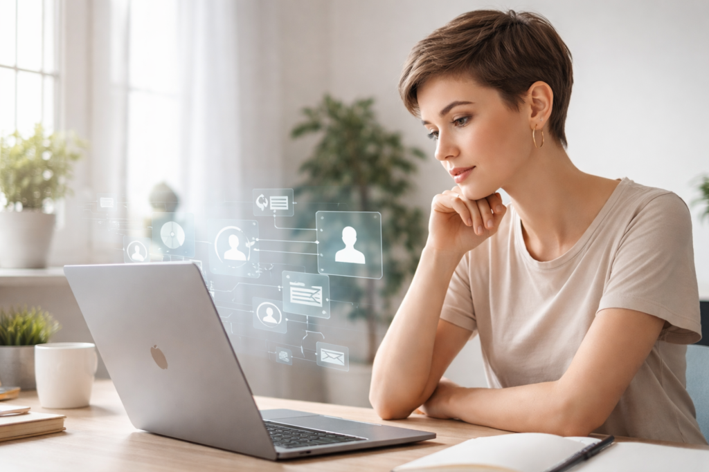 Mulher analisando dados em notebook, refletindo sobre viés algorítmico na IA em ambiente organizado e calmo.