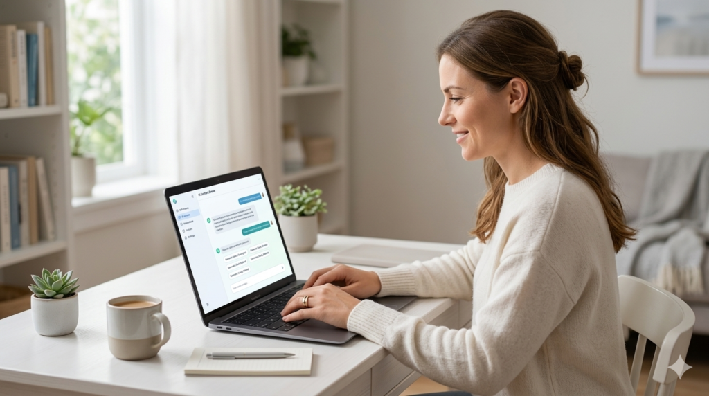 A indústria por trás da IA: mulher usa notebook em sala iluminada, operando uma interface digital de produtividade e estudos.