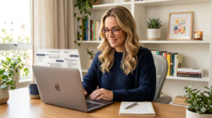 Cadeia produtiva da inteligência artificial no uso real: mulher trabalhando no notebook em ambiente organizado e focado
