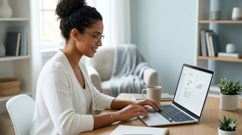 Carreiras em IA: mulher com óculos e casaco branco usa notebook em ambiente clean, ilustrando o início na tecnologia.