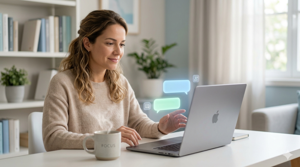 Chatbots e assistentes de IA: mulher em home office usa notebook com balões de conversa sutis para organizar tarefas e estudos.