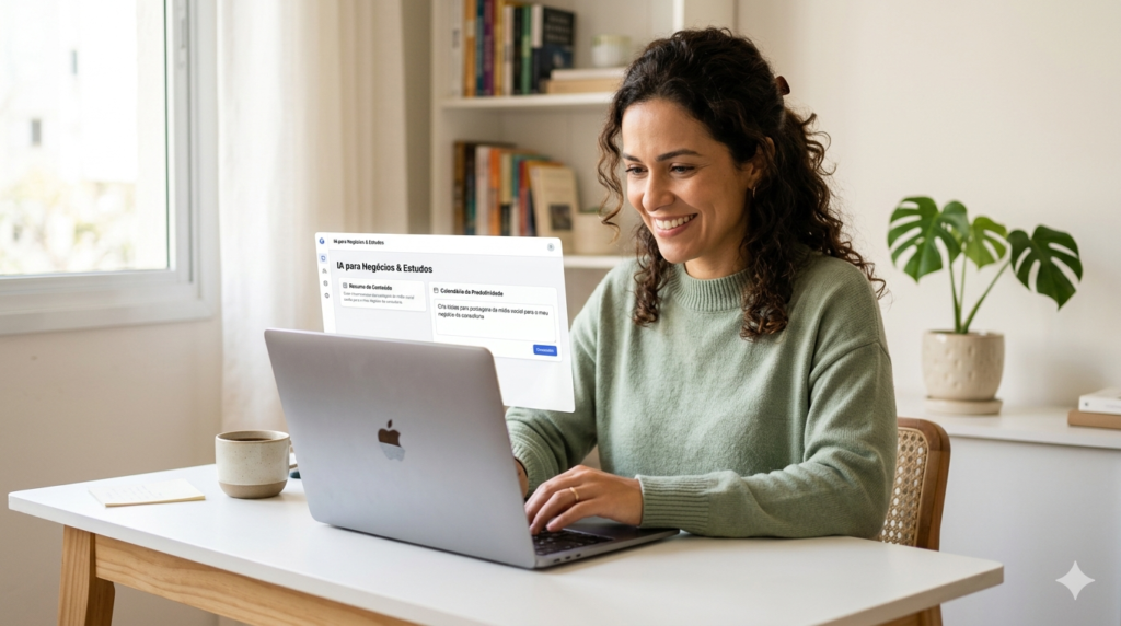Consumidor final da IA: mulher sorrindo ao usar notebook em home office organizado, transmitindo produtividade e controle.