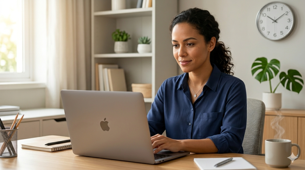 Criadores de conteúdo para IA: mulher em home office, com um laptop, plantas e uma caneca de café, ilustrando a rotina de trabalho.
