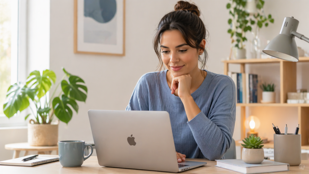 De onde vêm os chips de IA explicado com mulher usando notebook em casa, representando uso prático da tecnologia no dia a dia