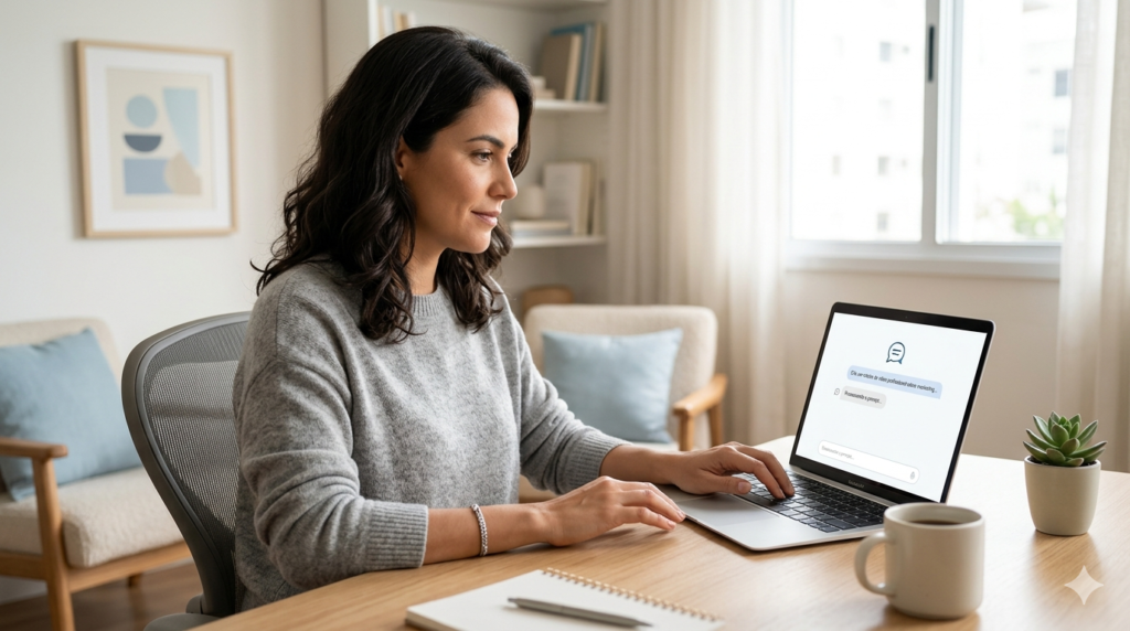 Designer de Prompts em home office escrevendo comandos no notebook para orientar uma IA em ambiente iluminado e organizado.