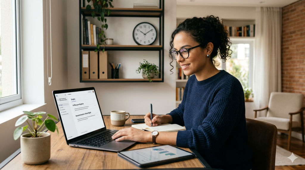 Mulher pesquisa em seu laptop sobre o futuro da cadeia produtiva da IA em seu home office organizado e com luz natural.