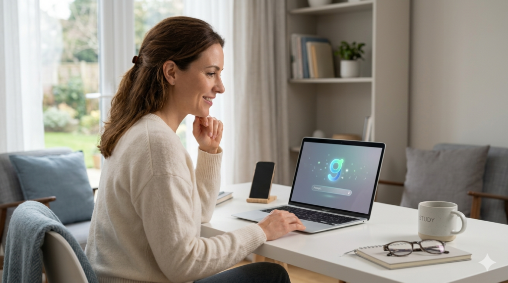 IA generativa como funciona: mulher sorridente em escritório iluminado usa notebook com interface de IA para estudos e negócios.