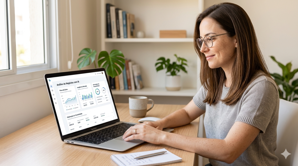 Impactos econômicos da IA: mulher com óculos usa notebook com gráficos financeiros em home office calmo e iluminado.