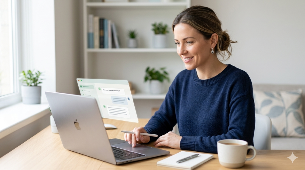Infraestrutura da IA aplicada por mulher sorridente em notebook Apple, em home office claro, ilustrando tecnologia acessível.