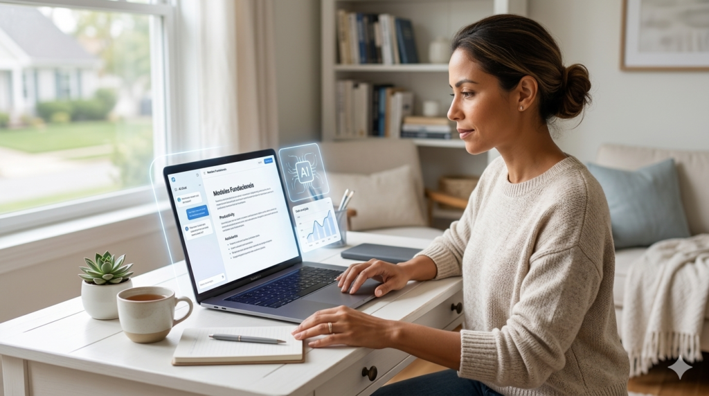 Mulher trabalhando em notebook com modelos fundacionais representados por interface digital sutil em ambiente iluminado e calmo.