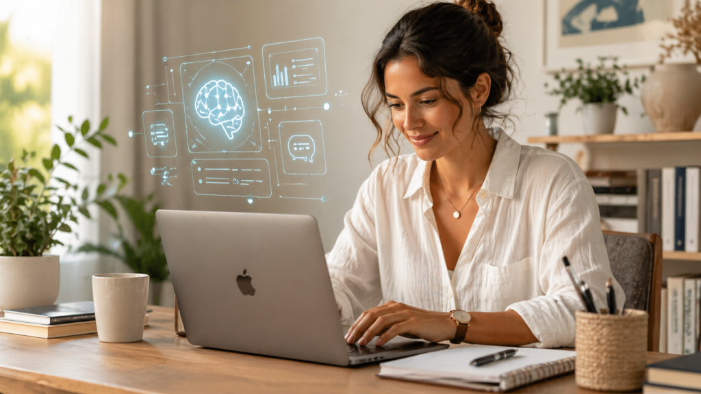 Monopólio de chips de IA ilustrado por mulher usando notebook com interface de IA em casa, contexto de uso prático e dependência tecnológica