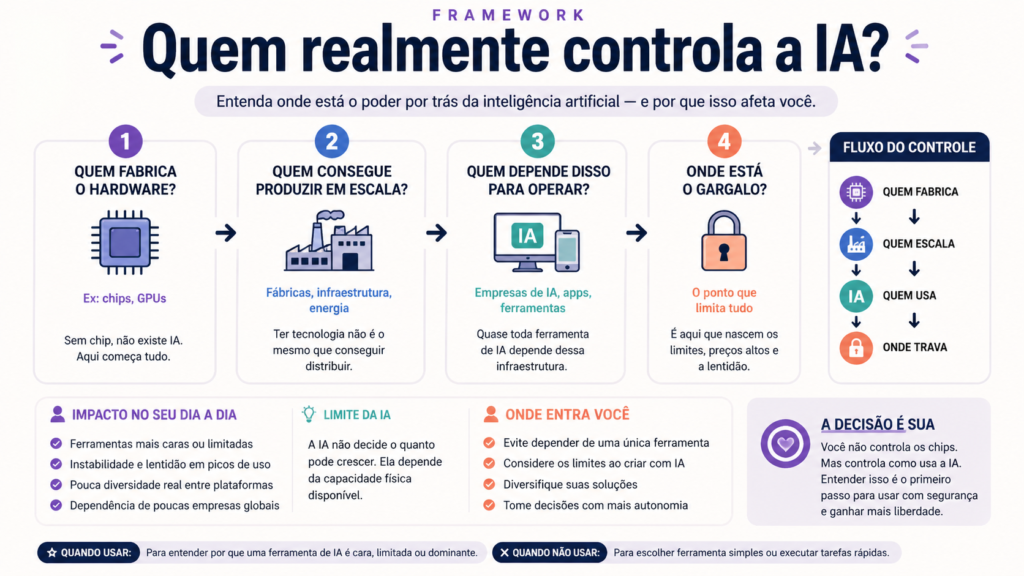 Monopólio de chips de IA explicado em 4 etapas: quem fabrica, escala, depende e onde está o gargalo na IA
