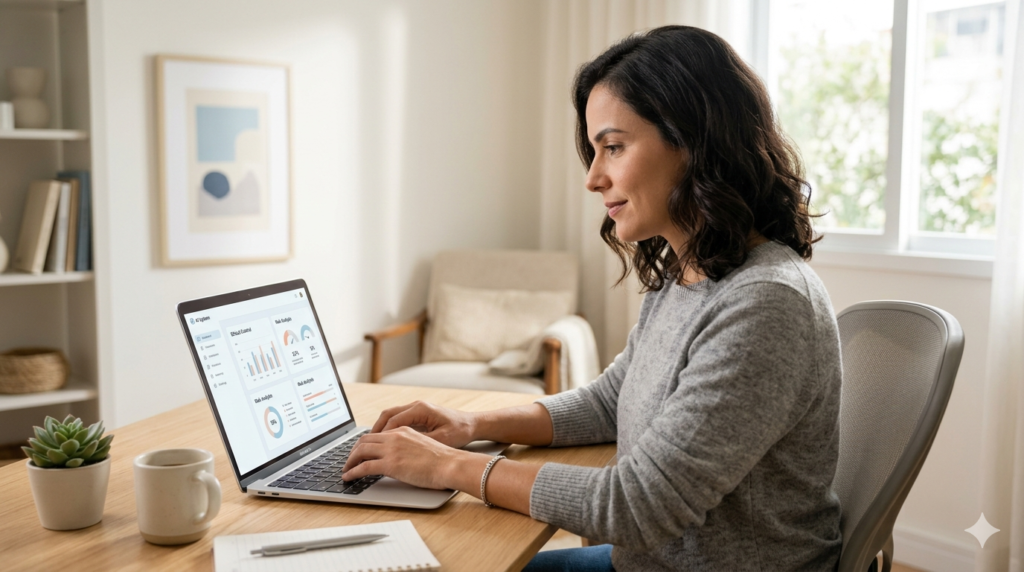 Os profissionais de ética em IA analisam interfaces de dados: mulher em ambiente calmo e iluminado, para evitar riscos.