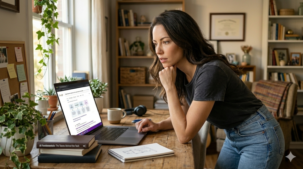 Mulher em home office estuda quem desenvolve algoritmos de IA em laptop, analisando as funções práticas de cada profissional.