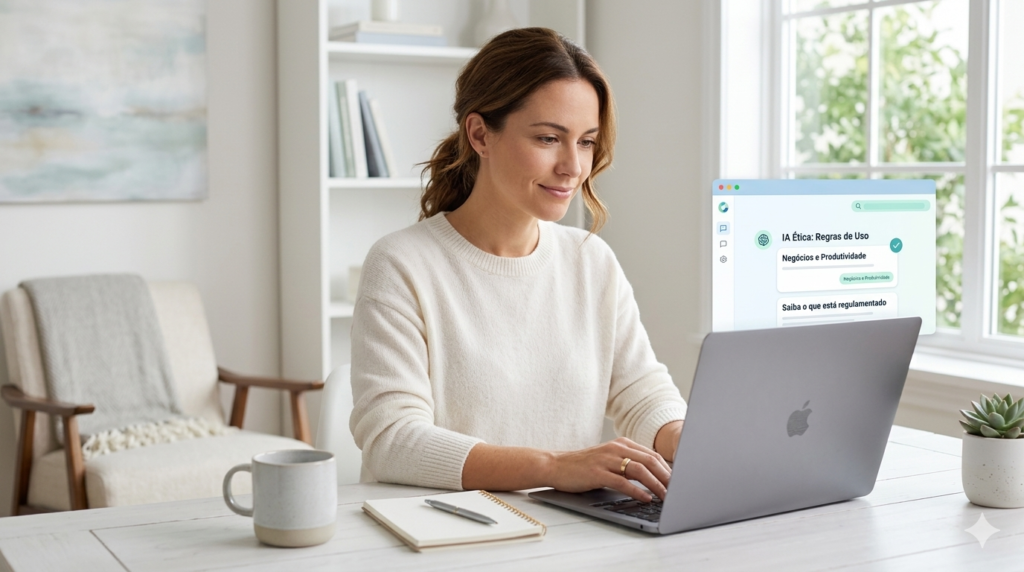 Regulamentações de IA: mulher usa notebook em mesa organizada com interface sobre regras éticas e produtividade.