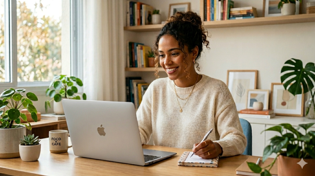 Treinamento de modelos de IA: mulher sorridente usa notebook Apple em escritório iluminado e organizado para estudos e negócios.
