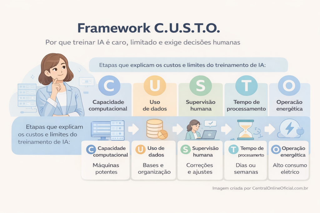 treinamento de modelos de IA explicado em infográfico com etapas CUSTO e fatores de custo, energia e limites do sistema