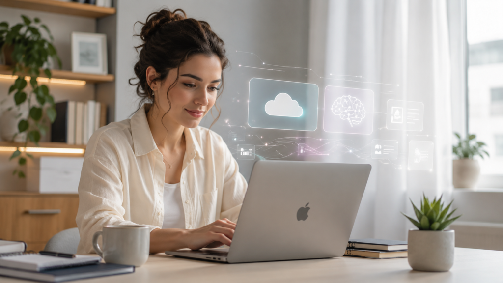 Cloud AI vs Edge AI em notebook Apple usado por mulher em home office para explicar IA no celular e na nuvem.