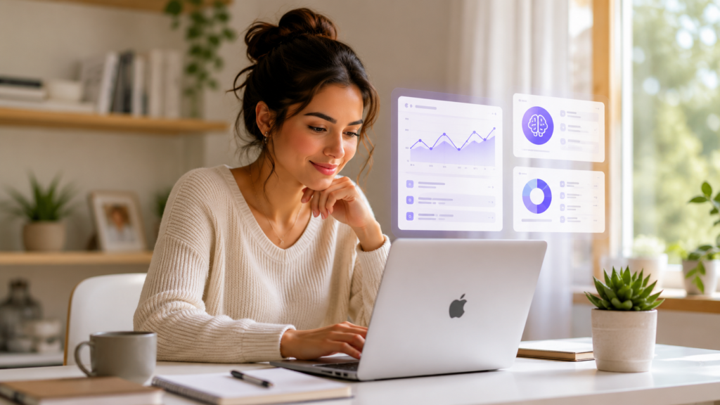 Como empresas lucram com IA em notebook Apple com interface inteligente em ambiente doméstico organizado e iluminado.