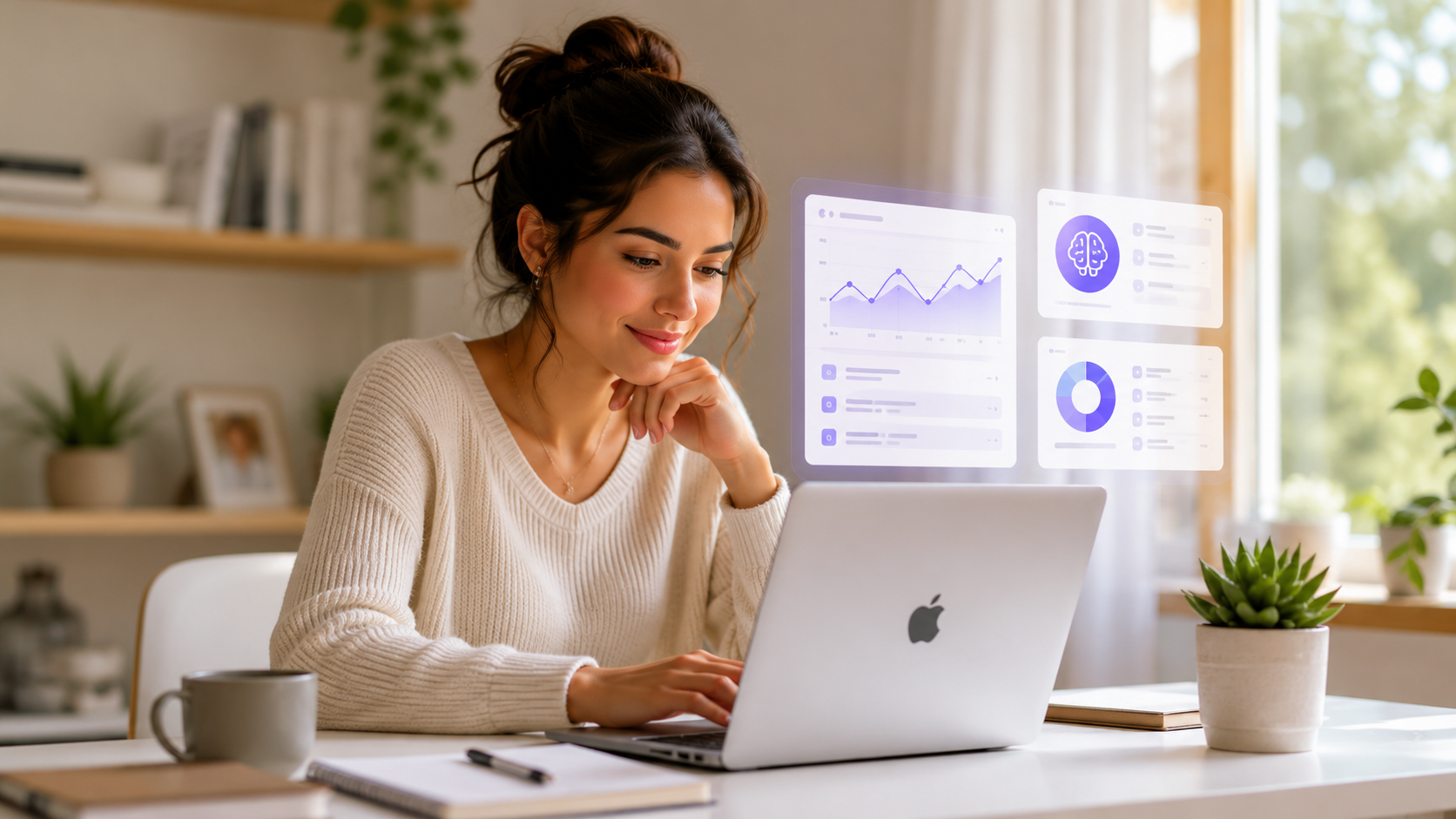 Como empresas lucram com IA em notebook Apple com interface inteligente em ambiente doméstico organizado e iluminado.