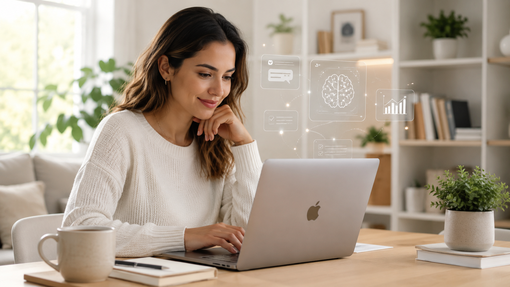 Como empresas usam inteligência artificial no cotidiano: mulher trabalha no notebook com interface de IA sutil em ambiente doméstico organizado