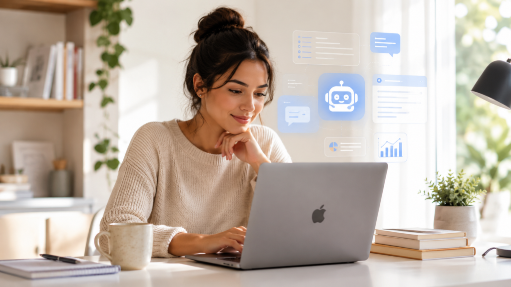 Dependência Tecnológica da IA em ambiente doméstico com mulher usando IA no notebook conectado à infraestrutura em nuvem.