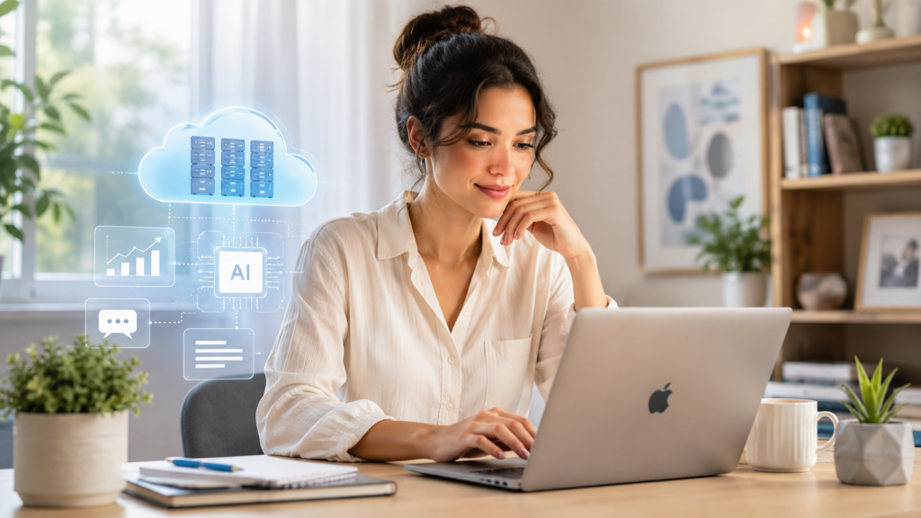 Energia da IA: mulher usa notebook com interface de IA sutil e referência visual a data centers
