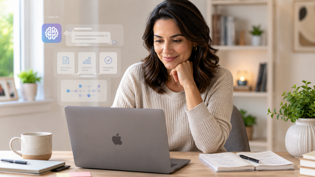 Funcionamento da IA na prática: mulher usa notebook com interface de IA sutil em ambiente organizado de trabalho