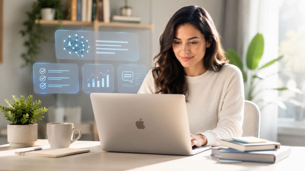 Gargalos da IA em contexto real: mulher usa notebook com interface de IA, ilustrando infraestrutura, escala e limites da tecnologia