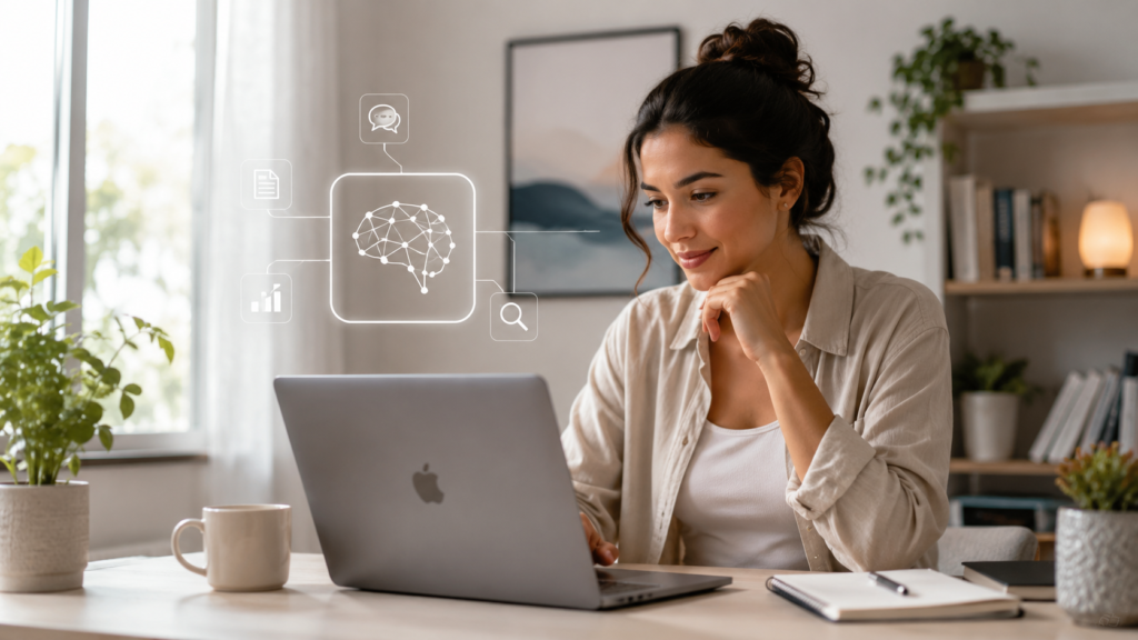 IA consome água em data centers que sustentam ferramentas usadas por mulher trabalhando com inteligência artificial em casa.