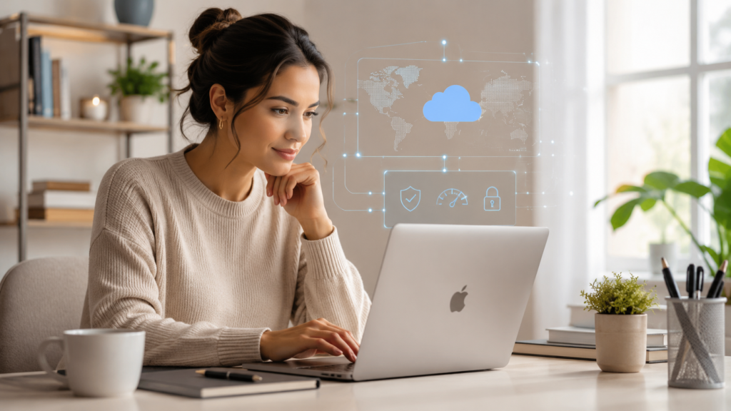 Localização dos data centers da IA em uso real: mulher trabalha em notebook com interface de IA em ambiente doméstico organizado