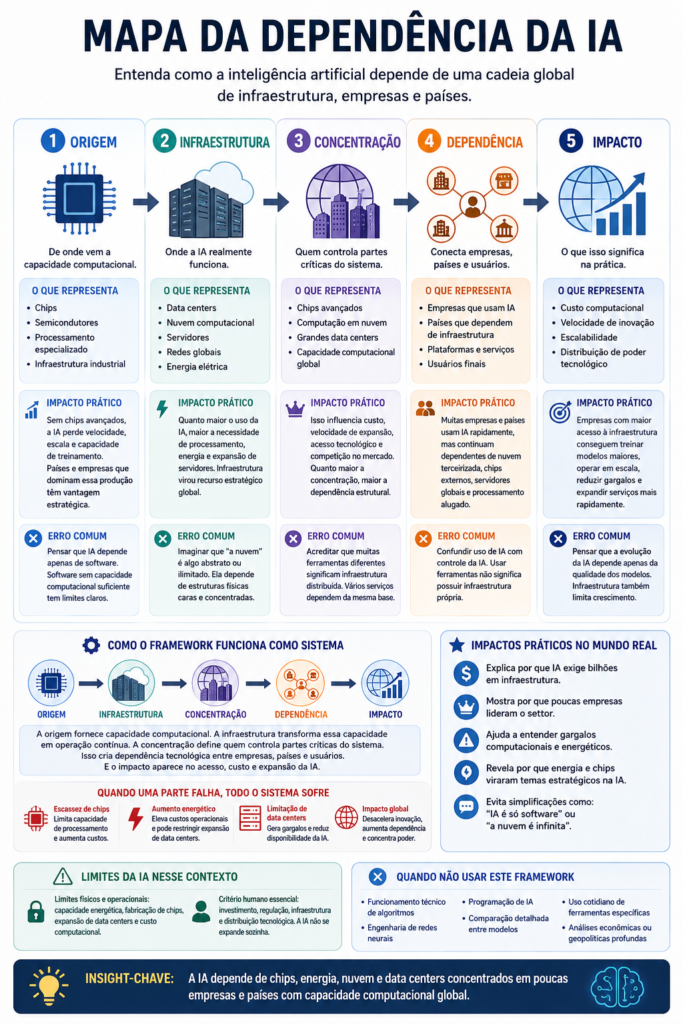 Infográfico mostrando o mapa da dependência tecnológica da IA, com chips, nuvem, energia e data centers concentrados em poucas empresas e países.