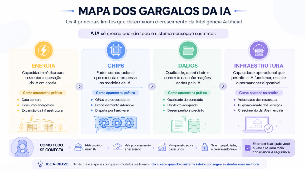Mapa dos gargalos da IA com energia, chips, dados e infraestrutura explicados em infográfico sobre limites da inteligência artificial