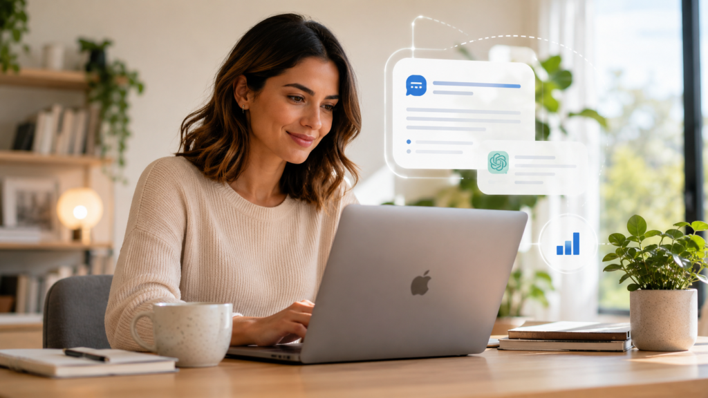 Quem paga pelas respostas da IA: mulher trabalhando em notebook com interface de IA em casa, contexto sobre modelo econômico da tecnologia