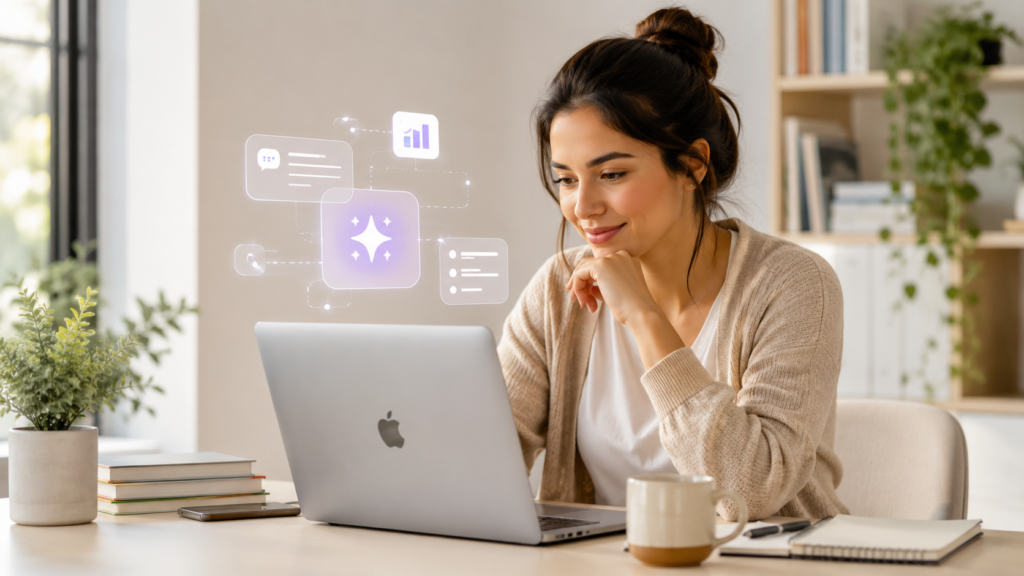 Treinar uma IA em larga escala explicado com mulher usando notebook em casa para pesquisar infraestrutura e custo computacional